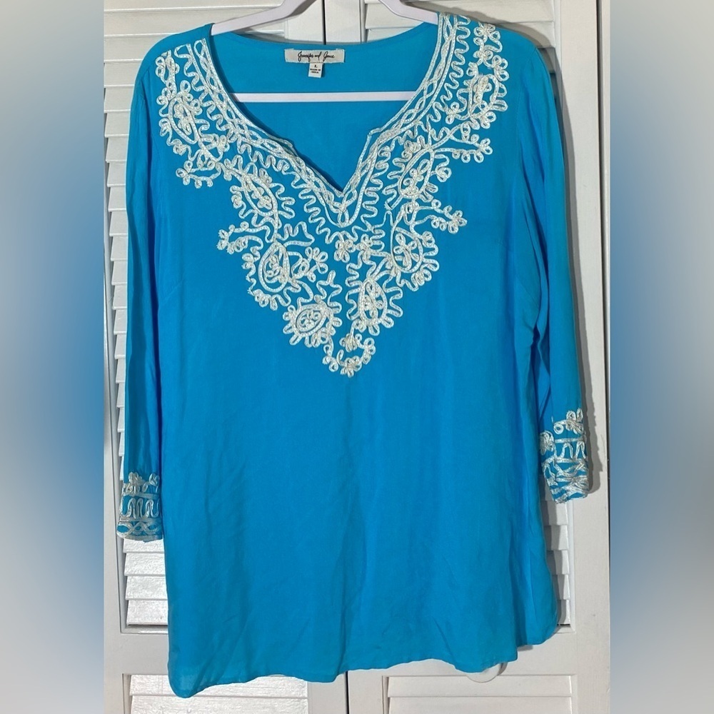 Jennifer & Grace Blue 3/4 Sleeve Tunic, Size L, White Embroidery